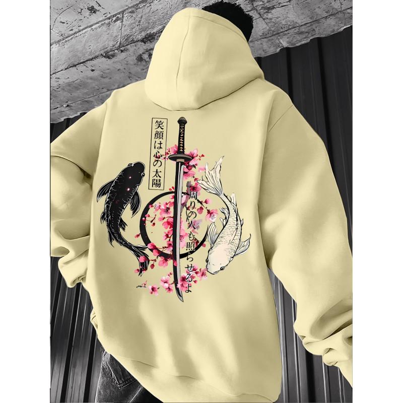 Unisex Oversized Hoodie Met Japanse Koi Zwaard Kerselbloesem Ukiyo-e Print Losse Pasvorm Streetwear