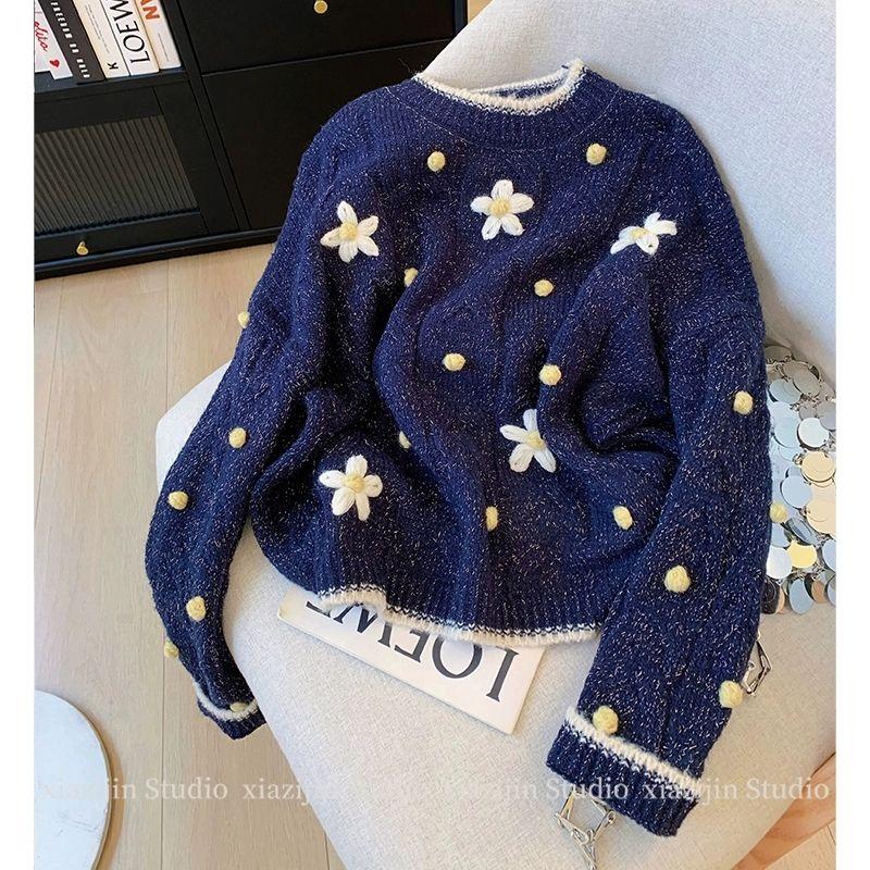 

Женский свитер с цветочным декором, однотонный, корейский свободный, с круглым вырезом, вязаный, осенний, модный, удобный, женский топ Onesize