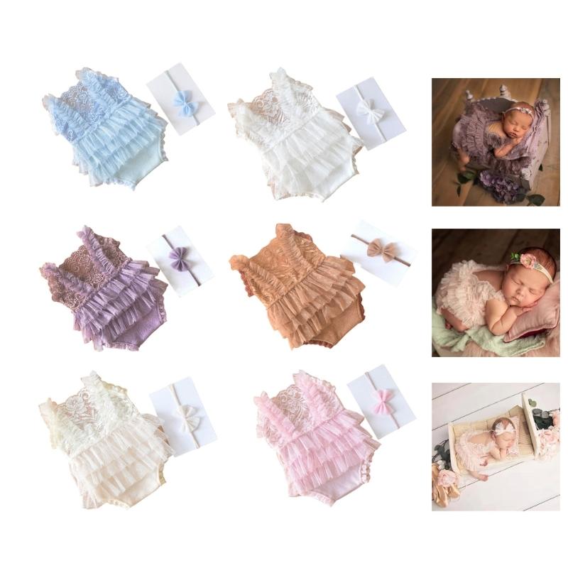 Baby Photography Props Lace Romper and Bowknot Hairband Outfit Photo Shoot Clothes Baby Photography Costume Clothing