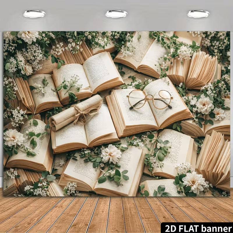 2D Vintage Open Book & Floral Wall Tapestry, Aesthetic Reading Nook Backdrop for Home Decor