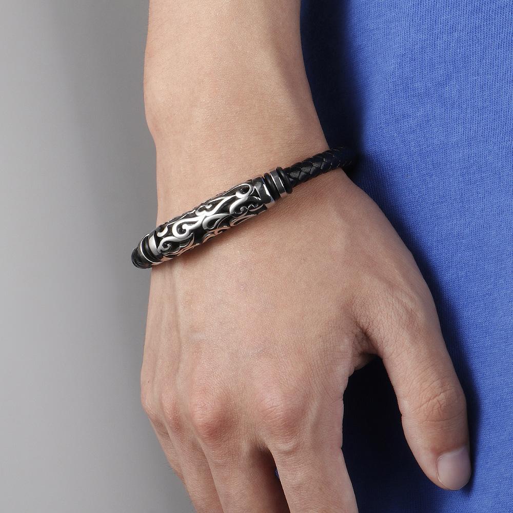 Vintage Stainless Steel Openwork Engraved Leather Mens Bracelet Woven Titanium Steel Viking Bracelet