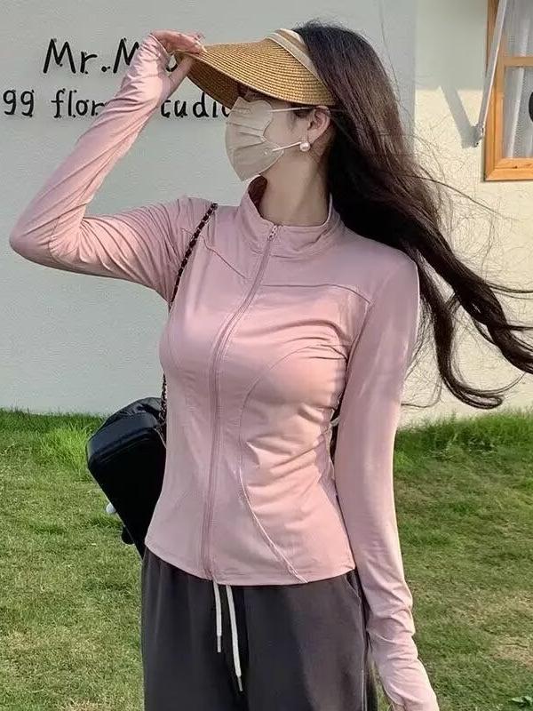 Women's Slim Fit Long Sleeve Sun Protection Running Jacket - White Stand Collar Fitness Outerwear
