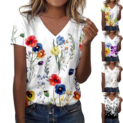 Womens Summer Tops Casual V Neck Flower Print Short Sleeve  Basic T-Shirt
