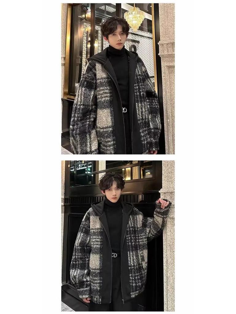 Men's Retro Plaid Patchwork Wool Hooded Jacket - Double-Sided, Thickened Outerwear for Autumn/Winter