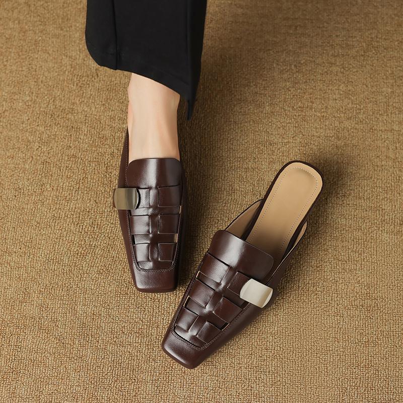 Fashion Women Shoes Mules Sandals Real Leather Soft Comfort Low-heel Summer Shoes Casual Square Toe Vintage Office Daily Slippers Women