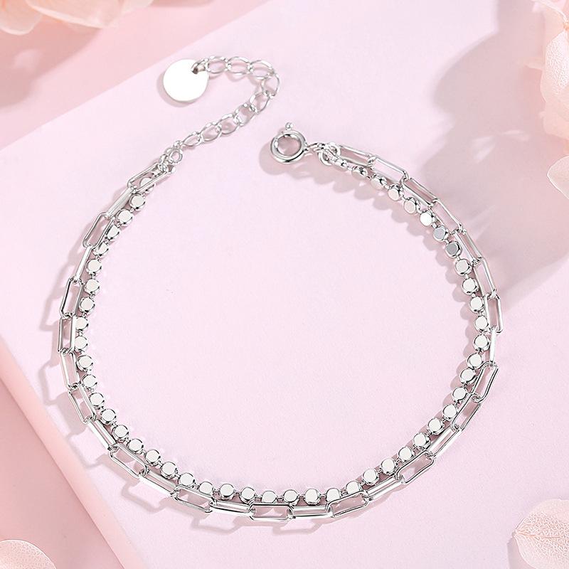 Fashionable Light Luxury Double Layered Wind Bracelet Sterling Silver S925 Cross Bead Bracelet for Women Simple Niche Design Internet Celebrity