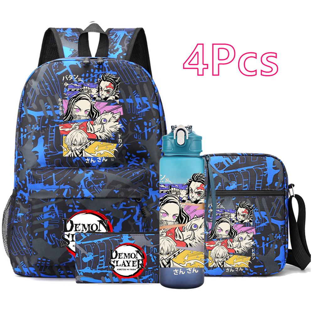 4 Pezzi/set Zaino Stampato Anime Demon Slayer Grande Capacità Borsa per Libri Borsa a Spalla Custodia per Borsa con Borraccia da 750ml Ragazzo Ragazza Zaino Impermeabile