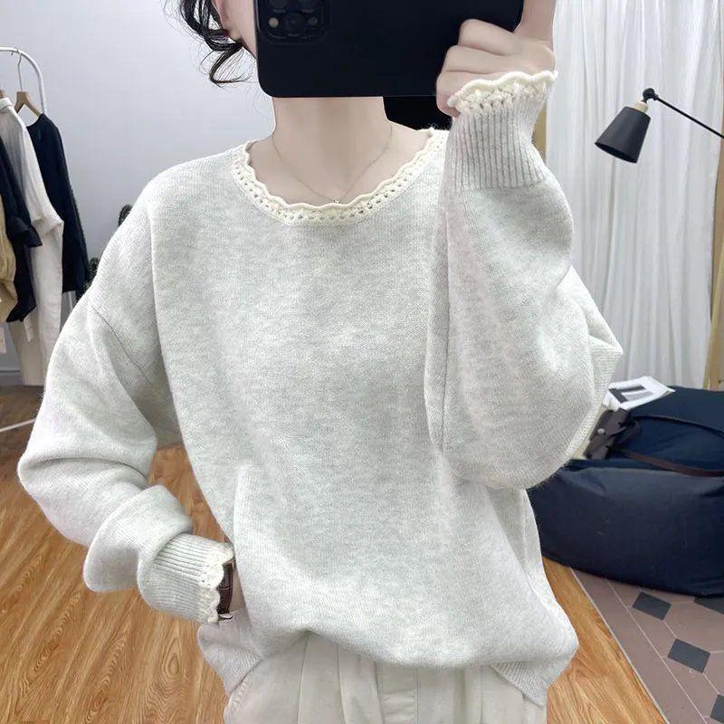 2025 Nový dámský pletený svetr s krajkovým límcem a barevným blokováním - Omlazující volný top s dlouhým rukávem