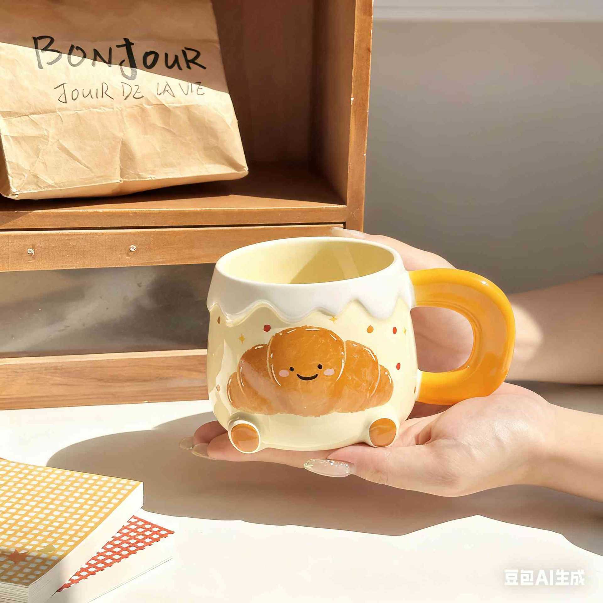 

ins cute watermelon water cup girls creative ceramic mug with lid household water cup birthday gift box 401-500ml