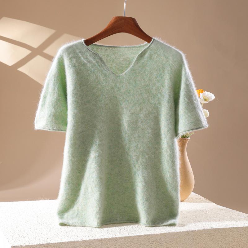 2026 A/W Women's V-Neck Cashmere Wool Knit Short Sleeve Sweater