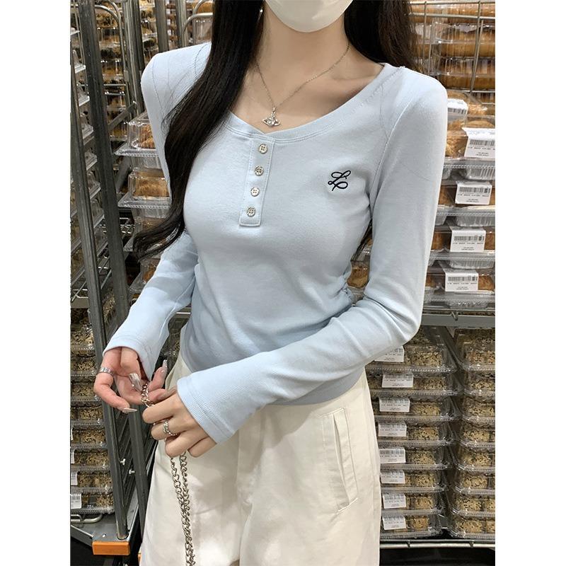 Milk Blue Design Embroidered Shirt Women's Top Spring Card Waist Pleated Long-sleeved Bottoming Shirt
