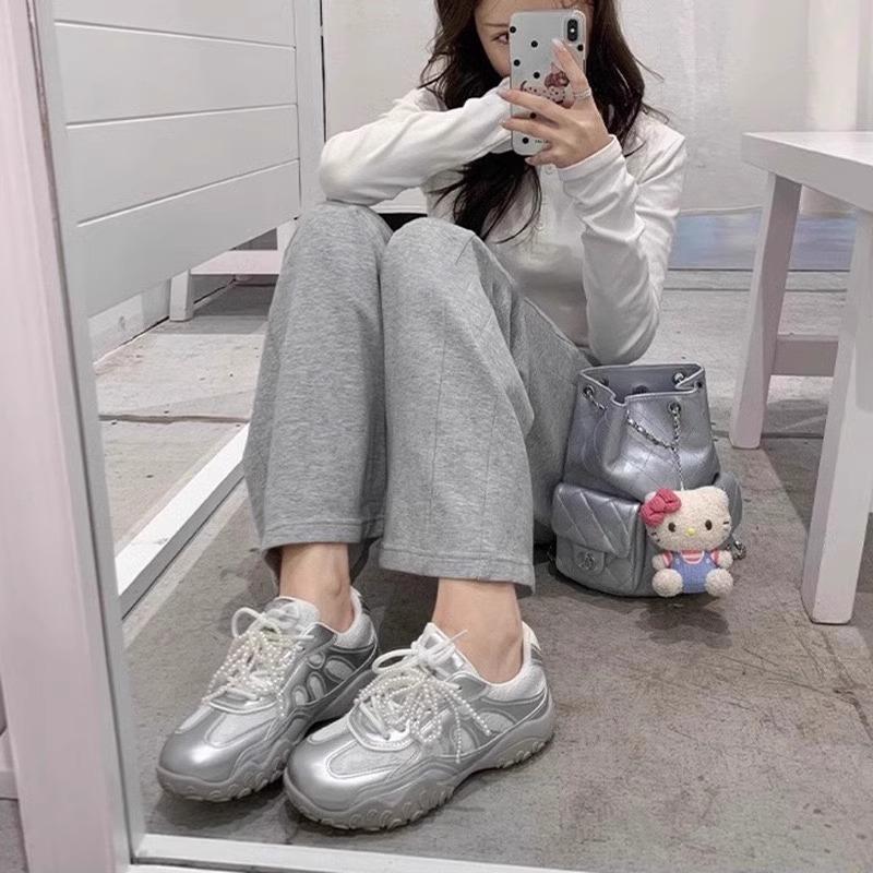 Korean 2025 Spring Silver New Pearl Sports Casual Shoes Platform-soled Dexun Forrest Gump Shoes Comfortable Soft Sole Versatile