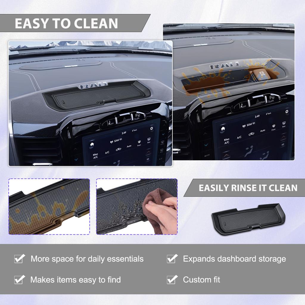 Center Console Dashboard Storage Organizer for 2019-2026 Dodge RAM 1500 Behind Screen 12 inches Dash Board Storage Cover Car Box
