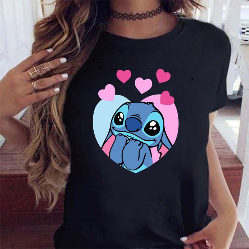 New Fashion FeUnisex Clothing Cartoon Disney Stitch Womens Tshirt Summer Short Sleeve Black Tops