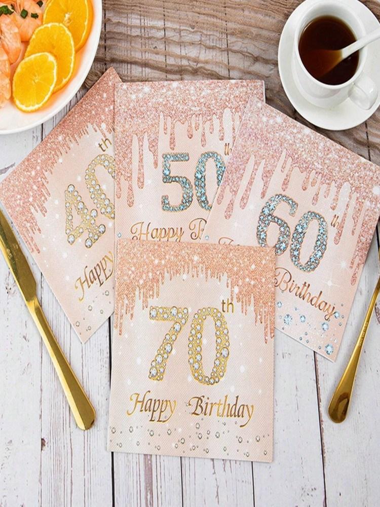 20pcs Pieces/pack, 40, 50, 60, 70 Year Old Rose Gold Diamond Printed Happy Birthday Napkins, Birthday Party Table Decorations