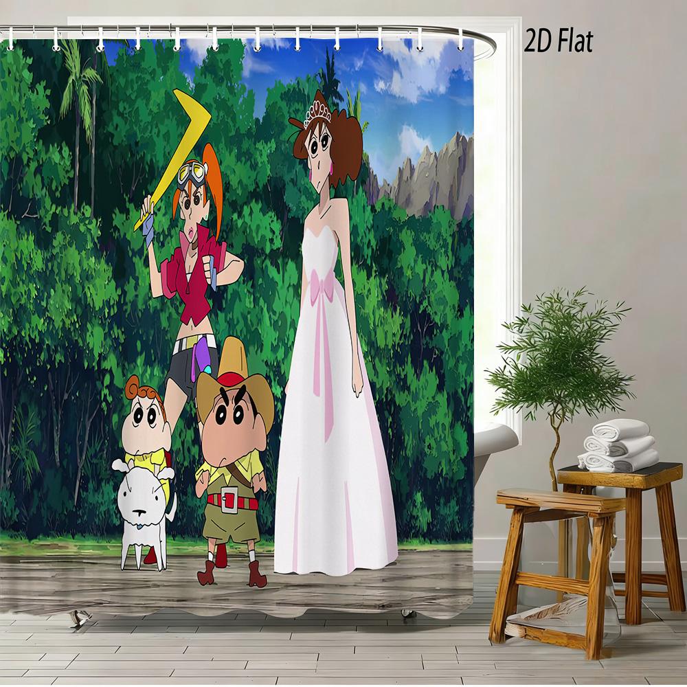 Crayon Shin-Chan The Movie Ora To Hakase No Natsuyasumi 2D Print Waterproof Shower Curtain, Blue Anime Bathroom Decor With Hooks