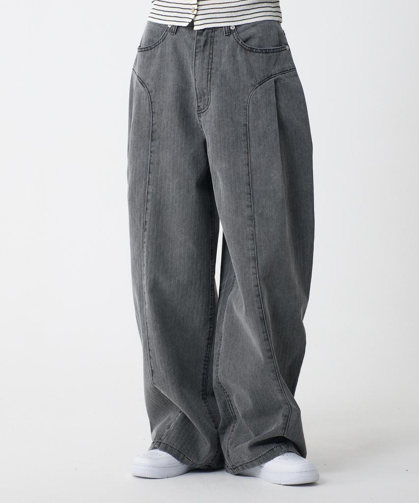 UNKNOWN PLANET Side Cut Tuck Pleat Wide Pigment Cotton Pants Gray