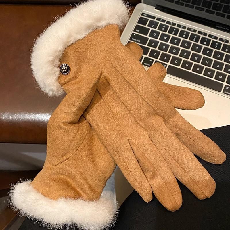 Suede Brown Plush Gloves Women's Autumn and Winter Thickened Plush Warm and Cold Outdoor Riding Gloves