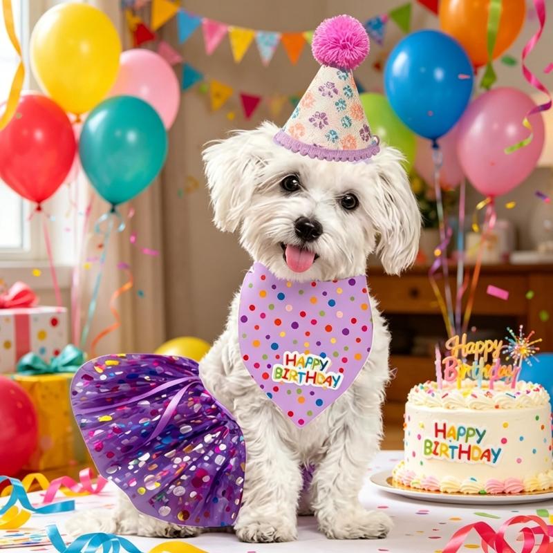 Fashion Meshes Dog Dress And Birthday Hat Outfit Bandana Scarfs Dog Birthday Make Up Supply For Special Occasions