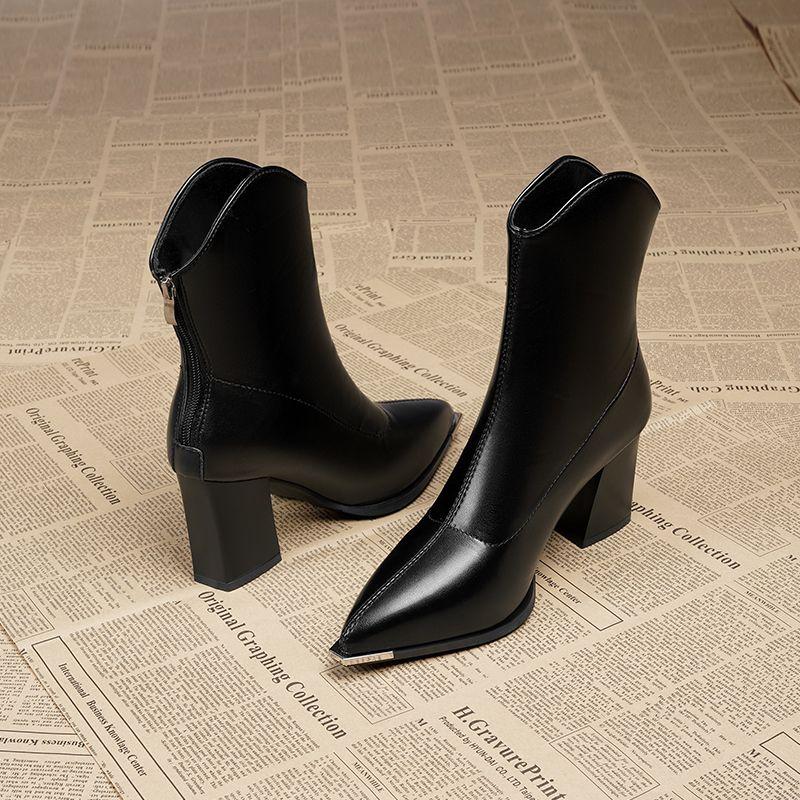 Fashion Autumn Winter Fleece-Lined Booties Heeled Ankle Boots for Women Leather Pointed Toe Woman Short Shoes Trend 2025 Goth Hot Boot