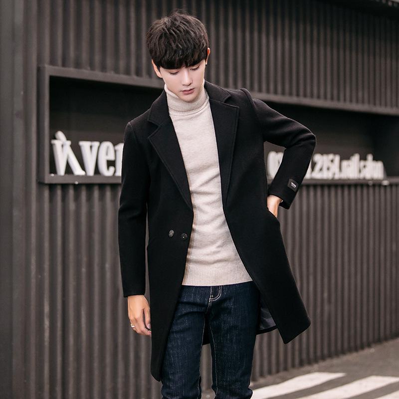 Men's 2022 Korean-Style Woolen Windbreaker Coat with Plus Velvet Long Jacket.