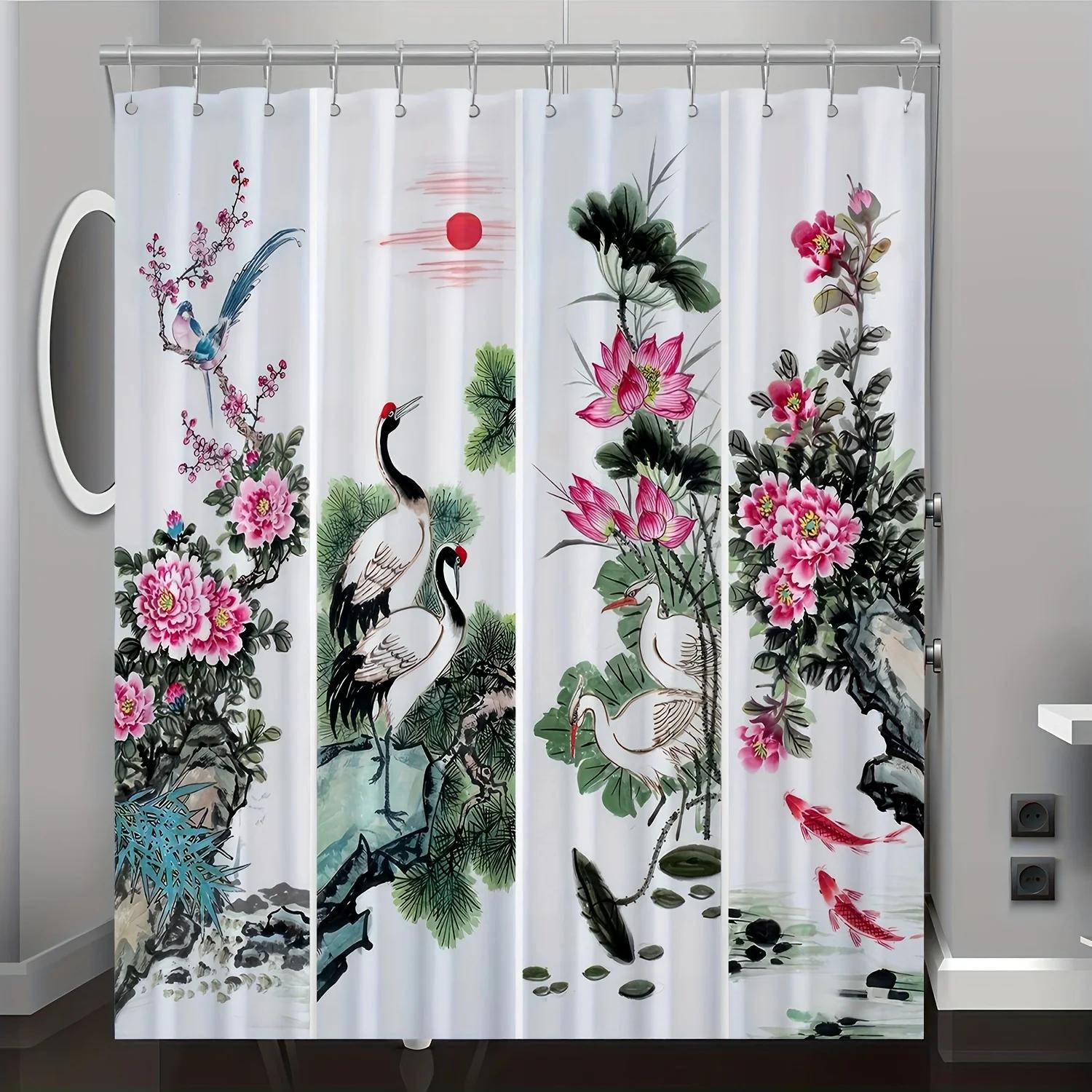 

1 Elegant Chinese Floral and Animal Print Shower Curtain with Hooks - Double-Sided Polyester, Machine Washable, Polyester Fabric W90xH180cm