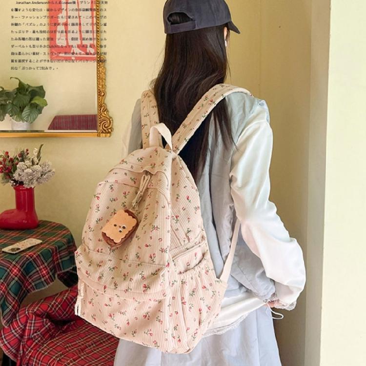 Travel Backpack for Teens and Girl Laptop Daypacks Flower Print Backpack Students School Bag Corduroy Rucksacks