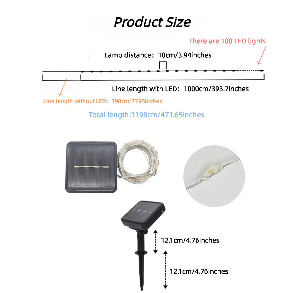 2pcs Solar Slivery Wire String Lights, 12M 100LED 8Modes Starry Lights, Bedroom, Garden, Party, Wedding Christmas Decor Lights