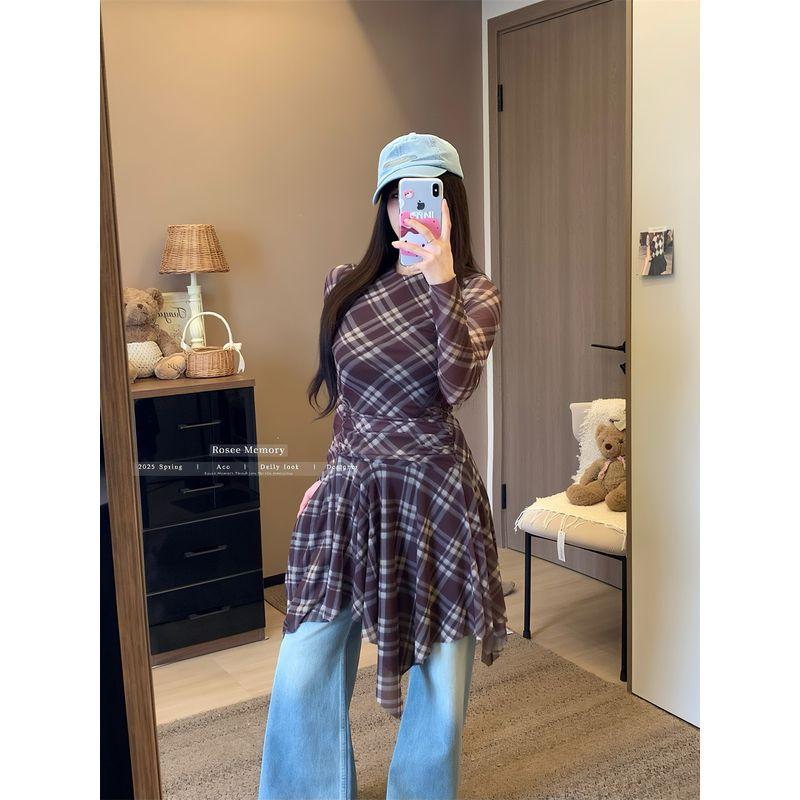 Kumikumi High Sense Retro Temperament Plaid Long sleeve dress Women Early Autumn Irregular Waist Hugging Slimming Short dress