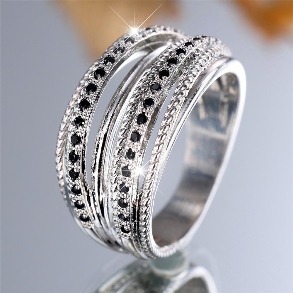 Charm Female Small Black Zircon Stone Finger Engagement Ring Vintage Silver Color Wedding Band Bridal Jewelry For Women