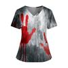 Women's Halloween Print V Neck Short Sleeve Nurse Top with Dual Pockets and Side Slits Medical Uniform Shirt for Caregivers
