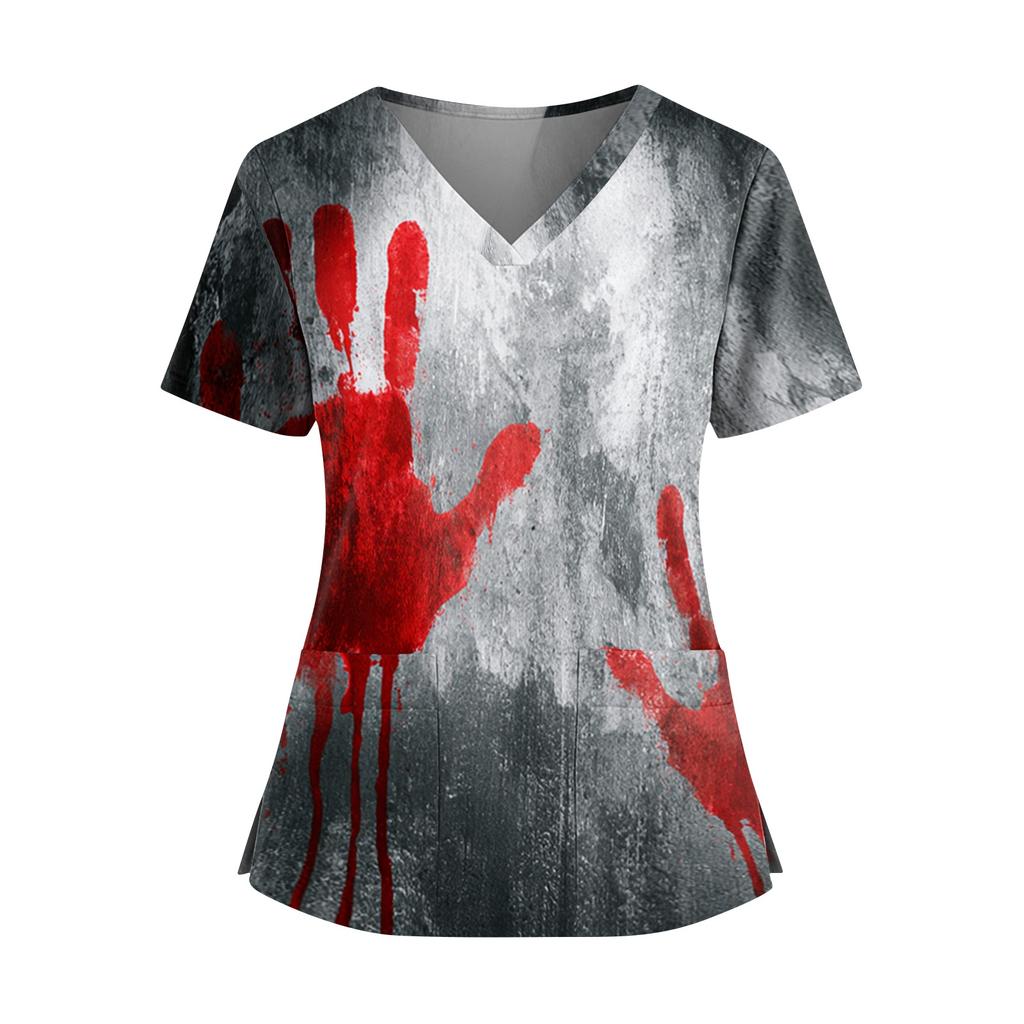 Women's Halloween Print V Neck Short Sleeve Nurse Top with Dual Pockets and Side Slits Medical Uniform Shirt for Caregivers