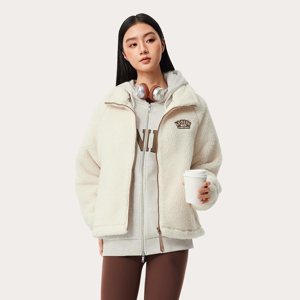 Li-Ning Comfortable Casual Minimalist Stand Collar Zipper Fleece Jacket Women Jackets Swan-White AFDUD66-1