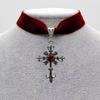 Contemporary Crucifix and Red Gemstones Pendant Necklace Velvets Chain Neckchain Adjustable Choker for Music Festival