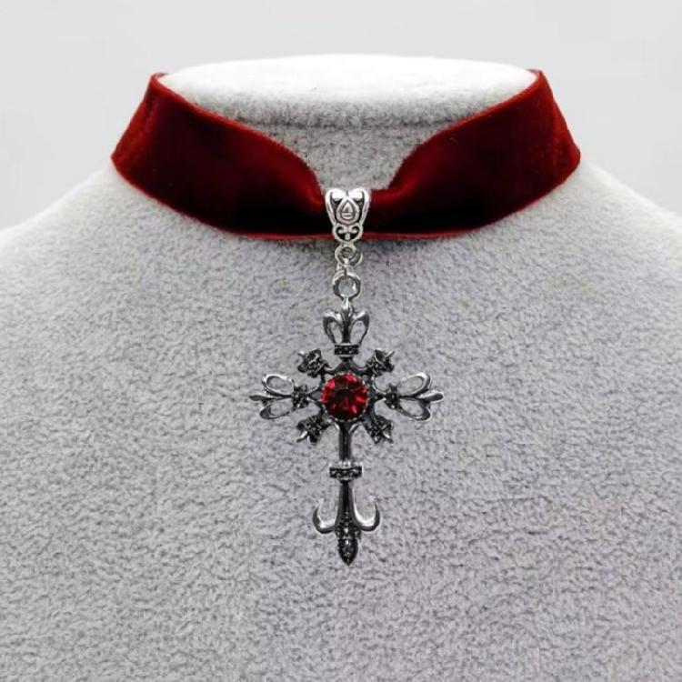 Contemporary Crucifix and Red Gemstones Pendant Necklace Velvets Chain Neckchain Adjustable Choker for Music Festival