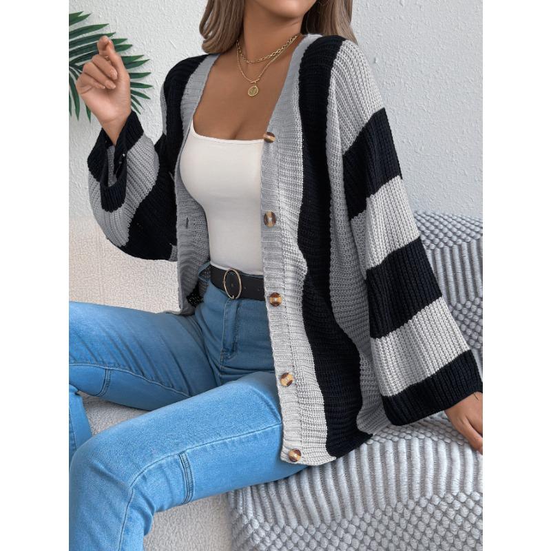 Autumn and Winter Color-blocking Striped Flared Sleeve Cardigan Sweater, Mid-length Coat for Women