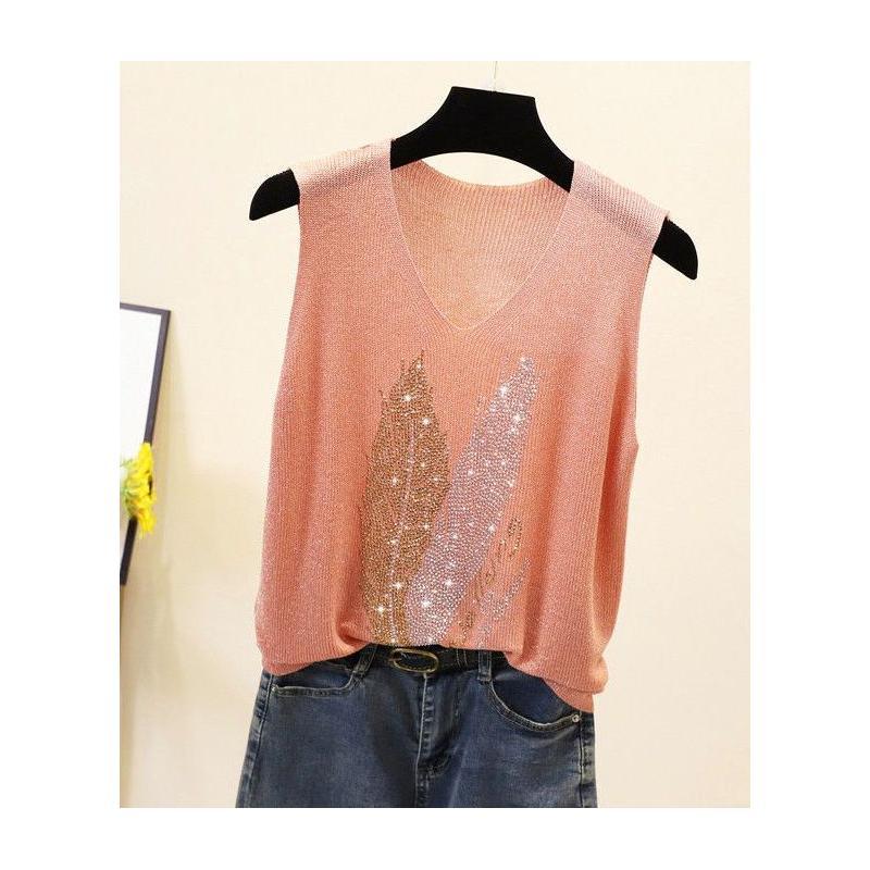 Loose Interior Plus Plus Sleeveless Ice Silk Knit Top with Rhinestones V-neck Camisole Women's Summer