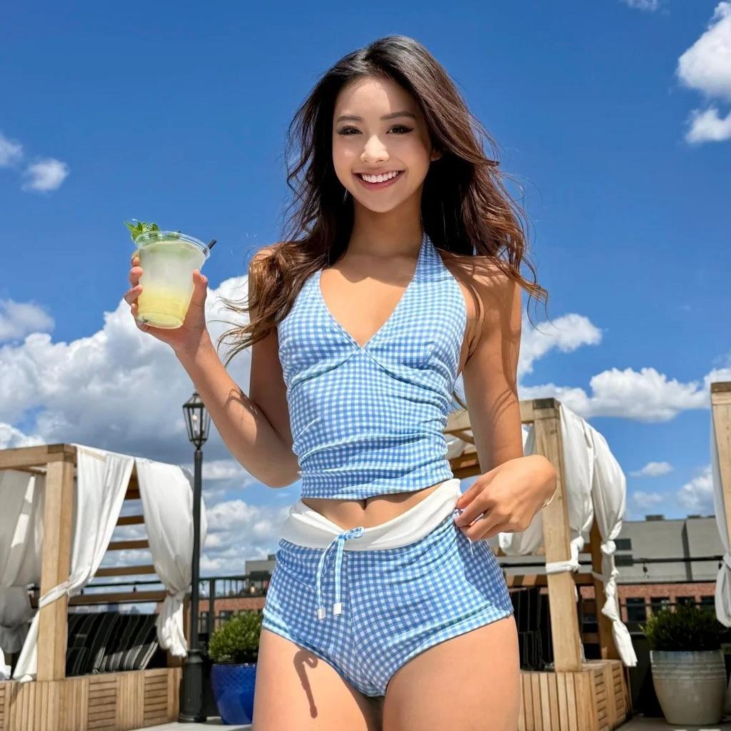Women's 2 Piece Vintage Gingham Plaid Halter Bikini Set High Waisted Boy Short Tummy Control Cute Swimwear