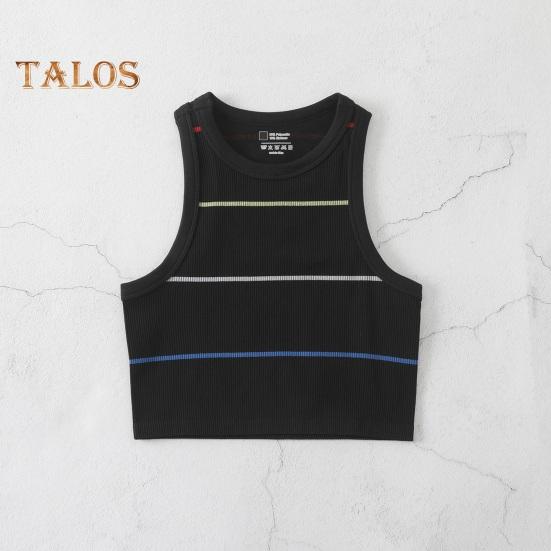 Damski prążkowany top na ramiączkach bez rękawów z okrągłym dekoltem, dopasowany, letni krótki top do noszenia na co dzień, na plażę, do sportu