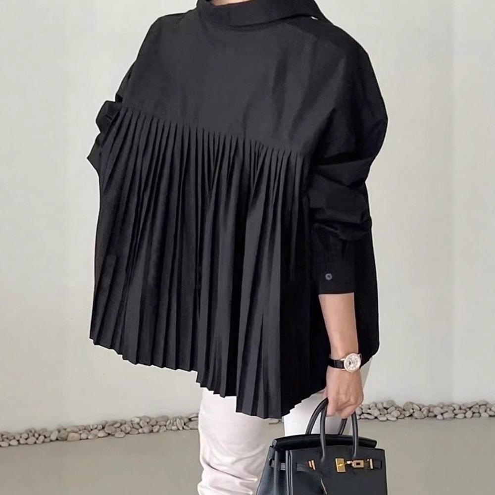 Dámská košile s klasickým límcem a dlouhým rukávem, oversized střih, jednobarevná, plisovaná, asymetrický lem, nadměrná velikost, ležérní, kancelářská halenka