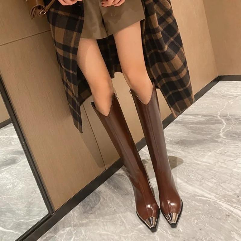 Autumn and Winter Minimalist Paragraph Metal Pointed Classic Long Boots Thick Heels High Heels Slim Boots Fashion Boots