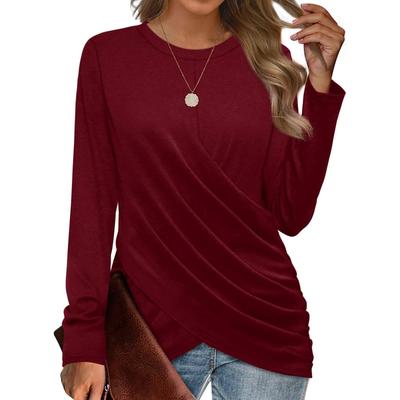 Autumn Women's Shirt Casual Round Neck Cross Pleated Loose Long Sleeve Pullover Shirt