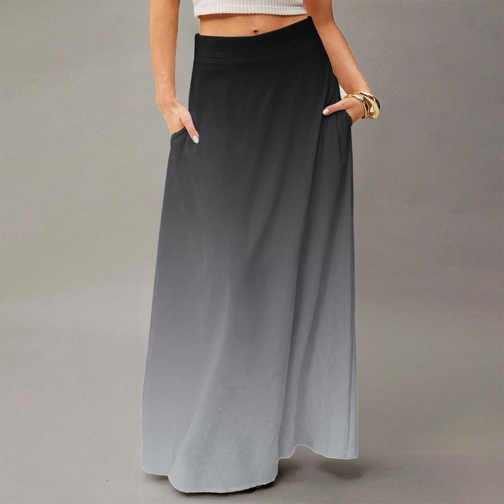 Women's Casual Leisure Foldable Gradient Print High Waist With Pocket Draped  Relaxed Long Maxi Skirt