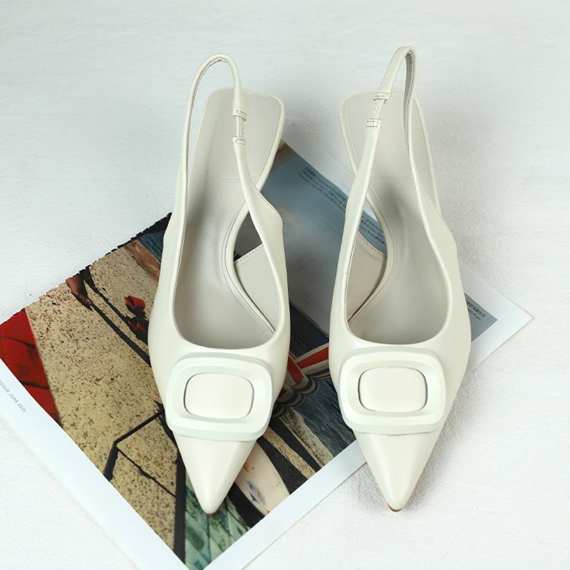 Fashion Chic White Point Toe Slingback Heels Women Summer Sandals 2025 Fashion Designer Brand Square Buckle Lady Shoes Mid Heel Elegant