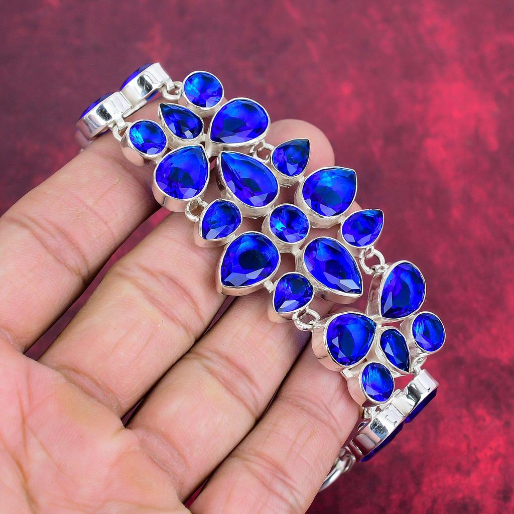 Blue Sapphire Bracelet, Handmade Gemstone Bracelet, 925 Solid Sterling Silver Antique Jewelry, For Engagement Gift