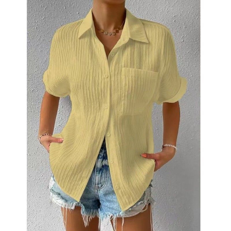 Open Front Shirt Patch Pocket Solid Casual Collar Insert Sleeve Women's Short Sleeve Shirt