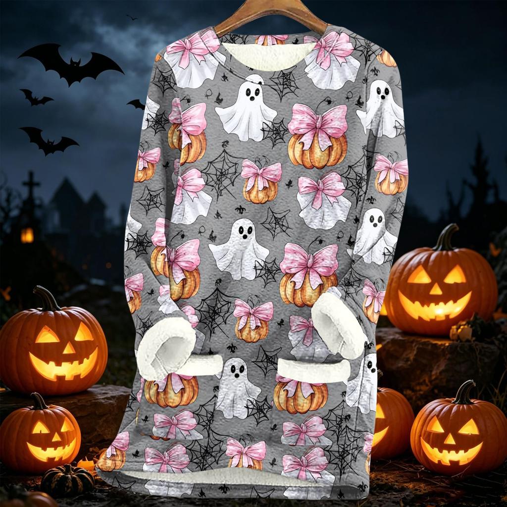 Women's Long Sleeve Pullover Fleece Lined Sweatshirt Cozy Thick Warm Lamb Wool Autumn Winter Top Halloween Print