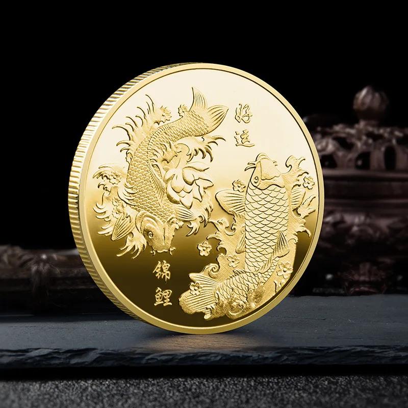 Hot Chinese Fu Koi Commemorative Coin Gold Coin Good Luck To You Color Carp Medal Silver Coins Embossed Metal Craft Badge Gift