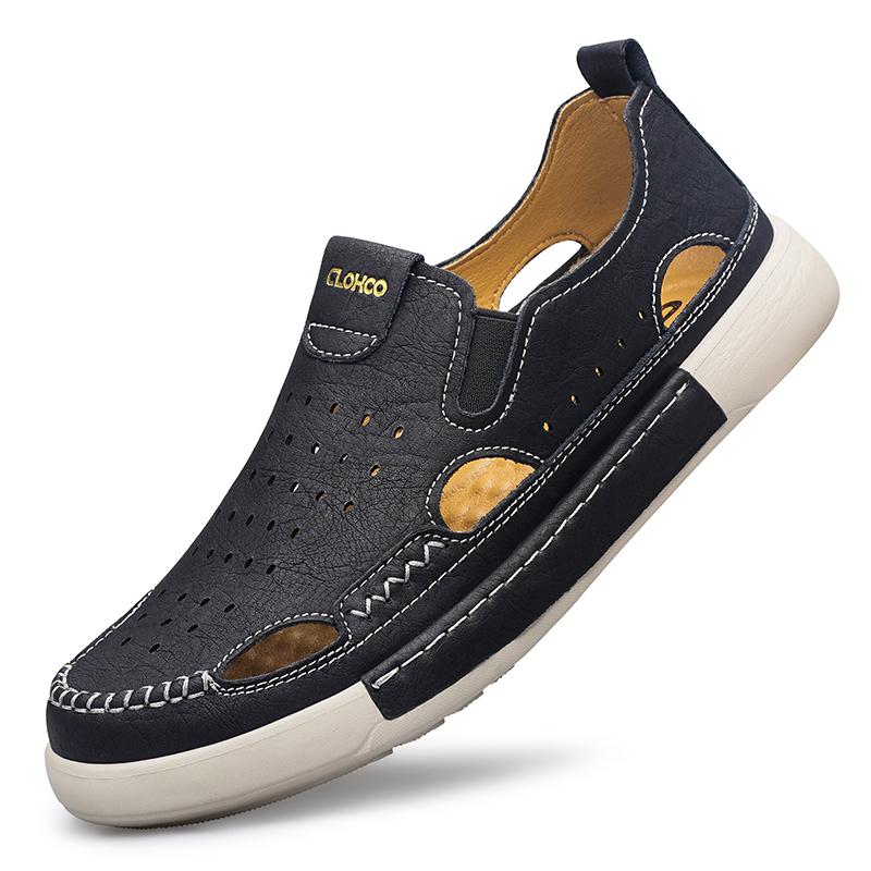 Sandale Casual din Piele pentru Bărbați, Durabile, Cusături Manuale, Pantofi cu Vârf Închis, Antiderapanți, Pentru Interior, Exterior, Plajă