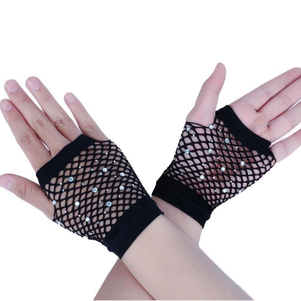 Stylish Half Finger Mesh Gloves Rhinestones Embellished Lightweight Dancewear Summer Outdoor Activity Gear